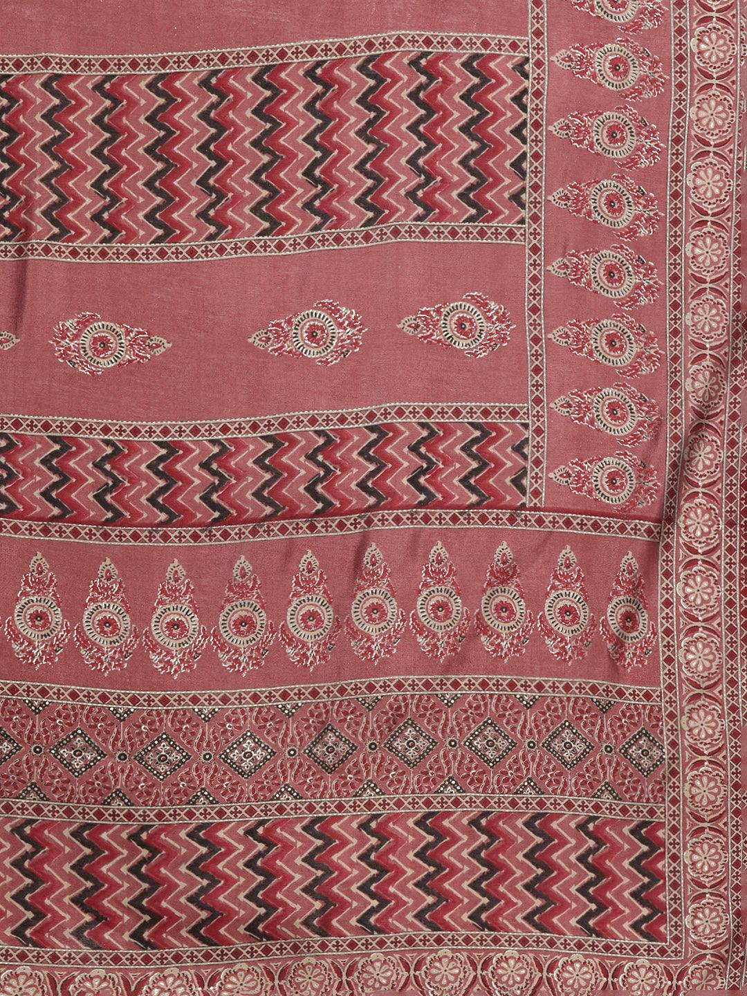 Plus Size Rust Printed Silk Blend Straight Kurta With Trousers & Dupatta - ShopLibas 