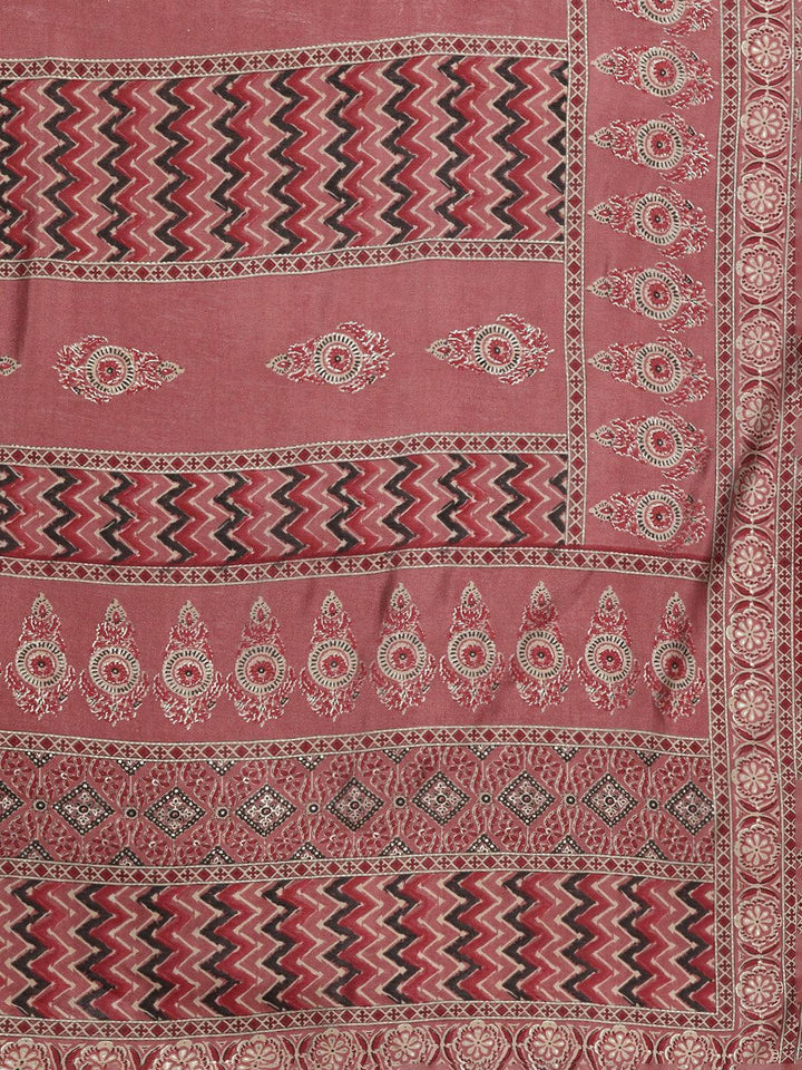 Plus Size Rust Printed Silk Blend Straight Suit With Dupatta