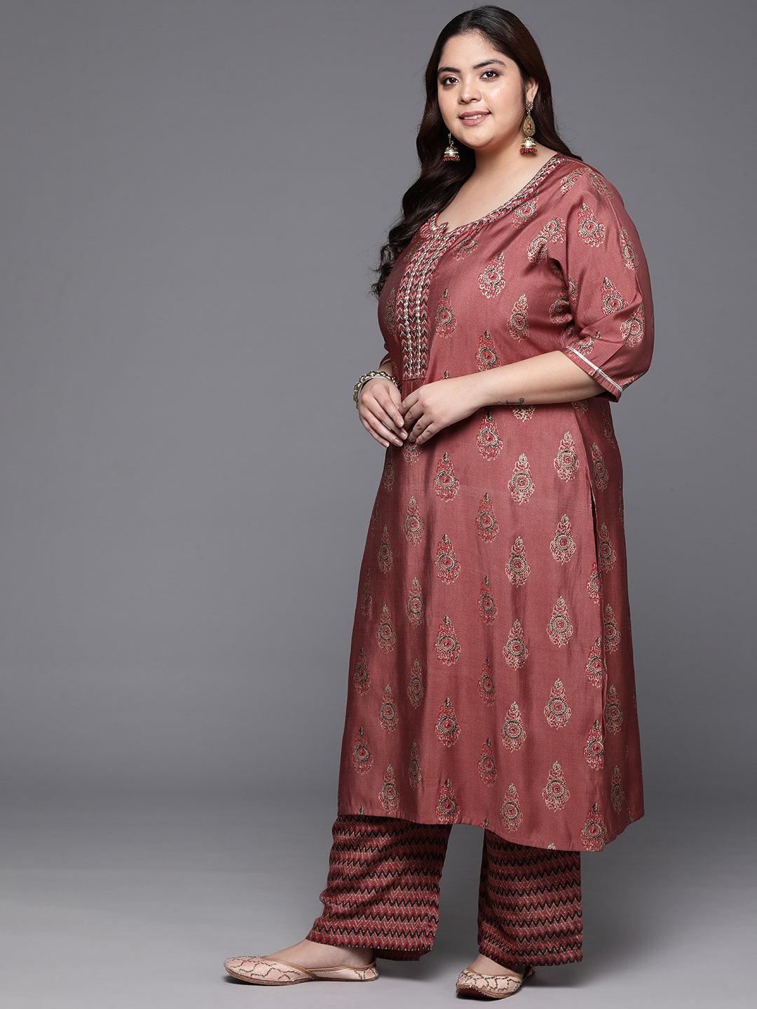 Plus Size Rust Printed Silk Blend Straight Kurta With Trousers & Dupatta - ShopLibas 