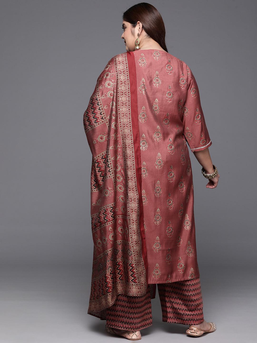 Plus Size Rust Printed Silk Blend Straight Kurta With Trousers & Dupatta - ShopLibas 