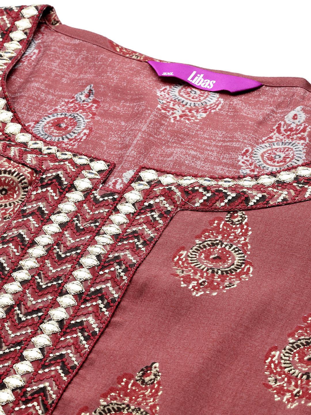Plus Size Rust Printed Silk Blend Straight Kurta With Trousers & Dupatta - ShopLibas 