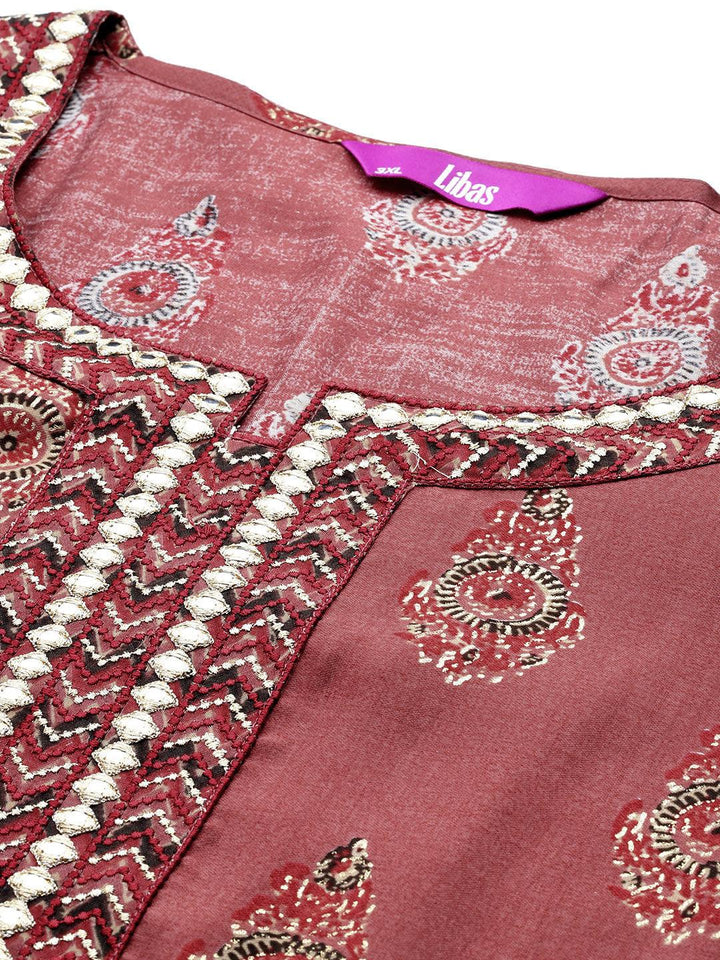 Plus Size Rust Printed Silk Blend Straight Suit With Dupatta