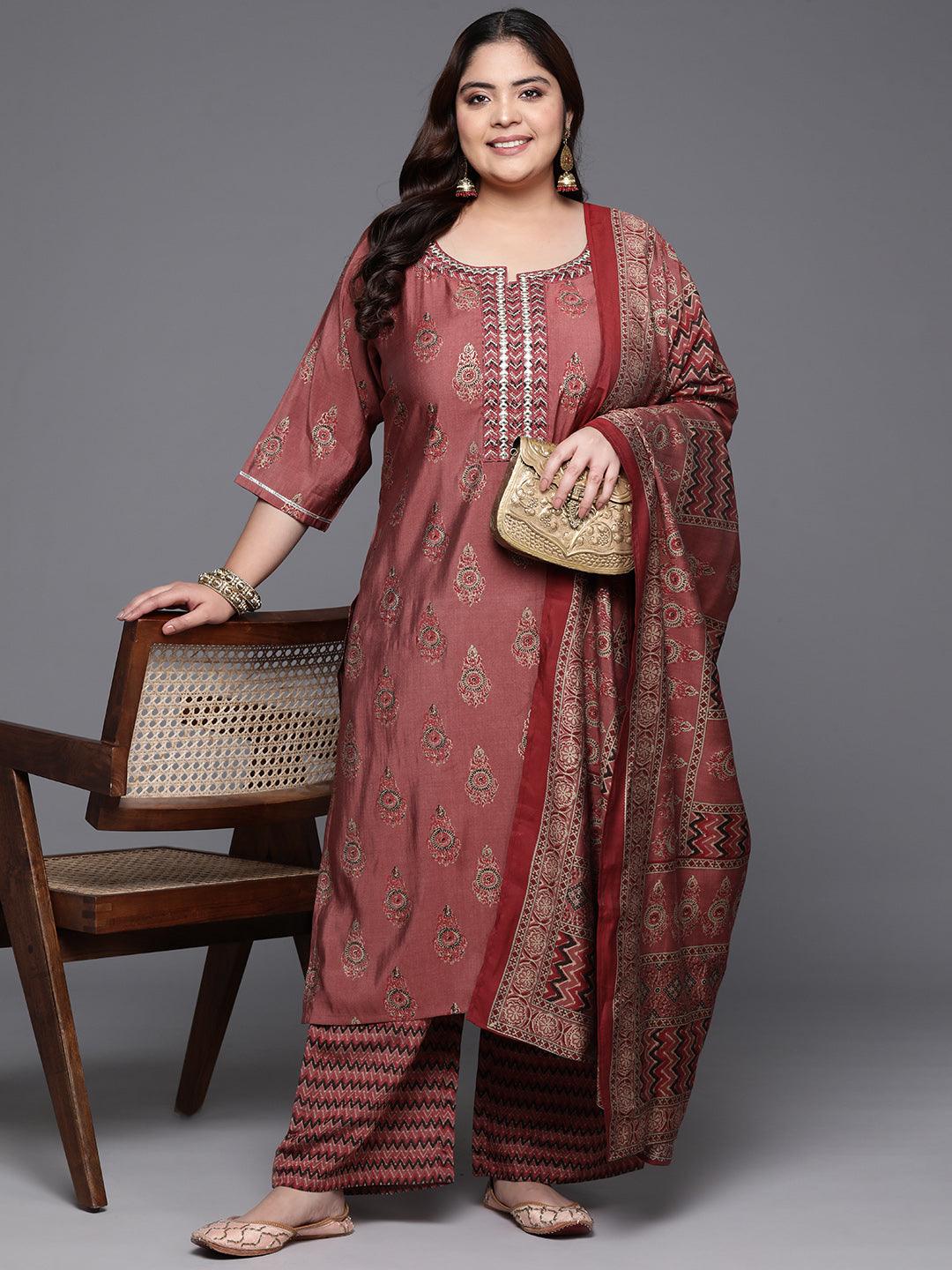 Plus Size Rust Printed Silk Blend Straight Kurta With Trousers & Dupatta - ShopLibas 