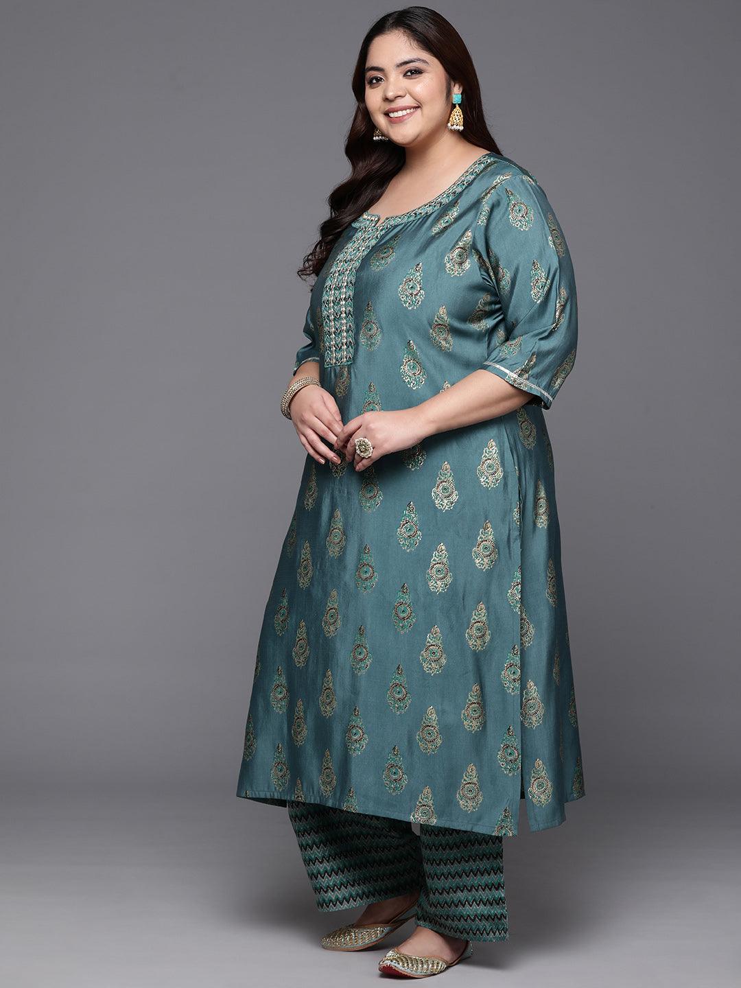 Plus Size Blue Printed Silk Blend Straight Kurta With Trousers & Dupatta - ShopLibas 
