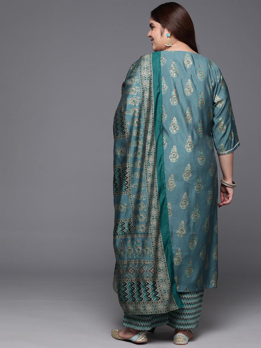 Plus Size Blue Printed Silk Blend Straight Kurta With Trousers & Dupatta - ShopLibas 