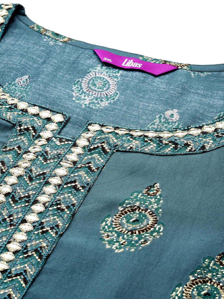Plus Size Blue Printed Silk Blend Straight Suit With Dupatta