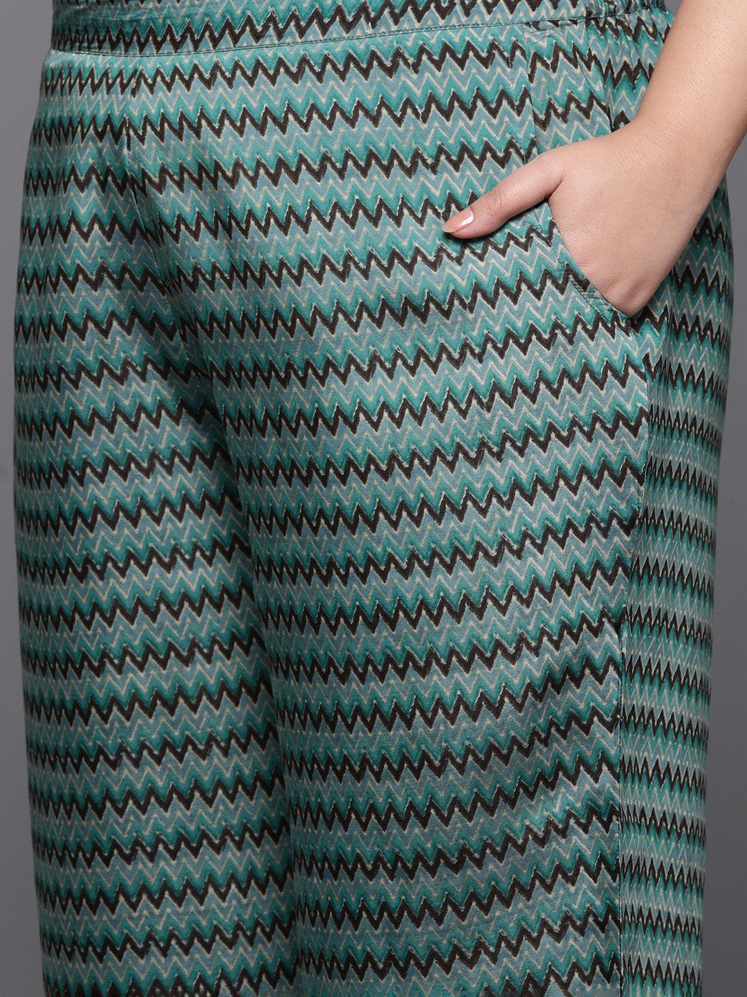 Plus Size Blue Printed Silk Blend Straight Kurta With Trousers & Dupatta - ShopLibas 