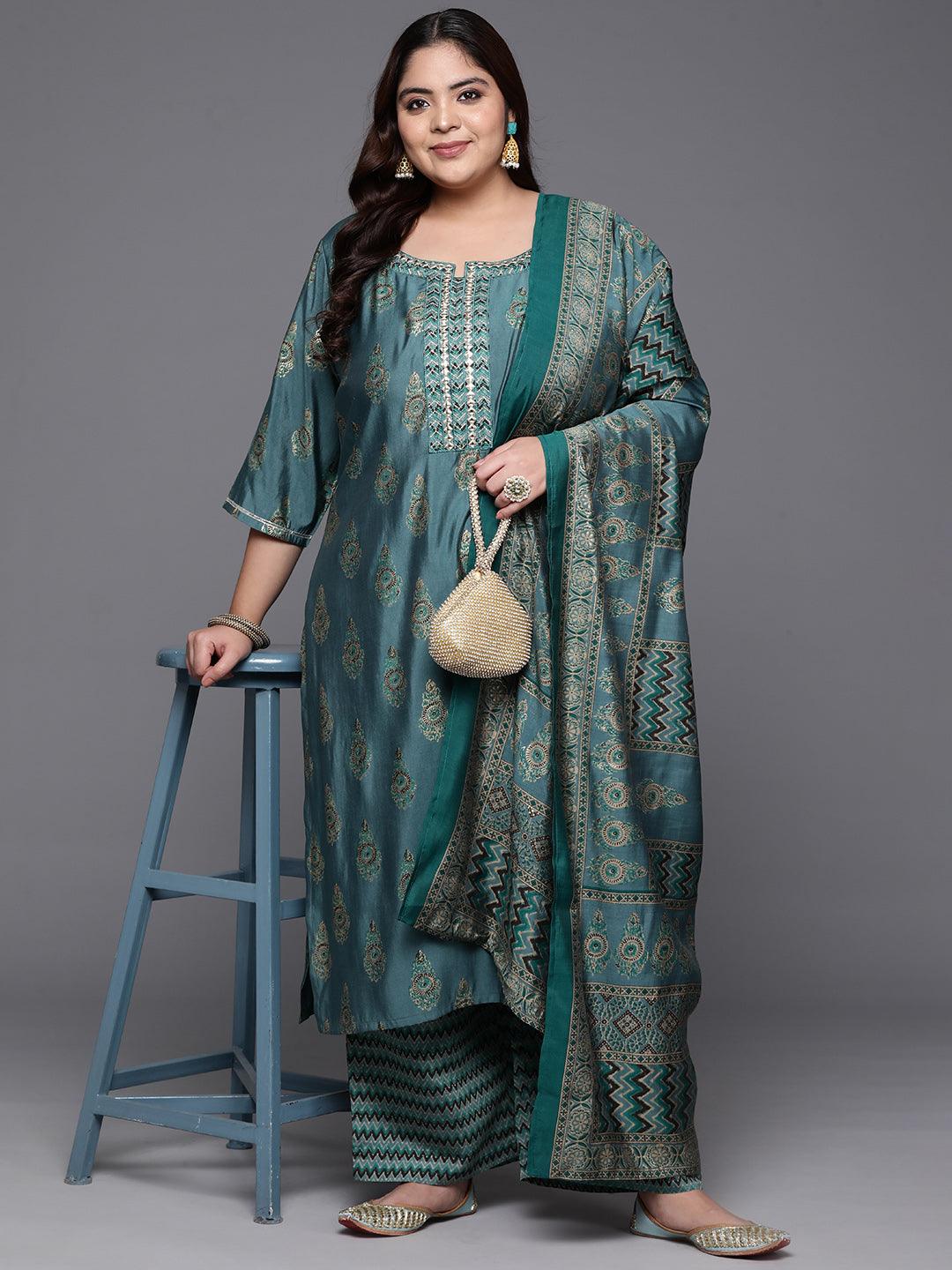 Plus Size Blue Printed Silk Blend Straight Kurta With Trousers & Dupatta - ShopLibas 