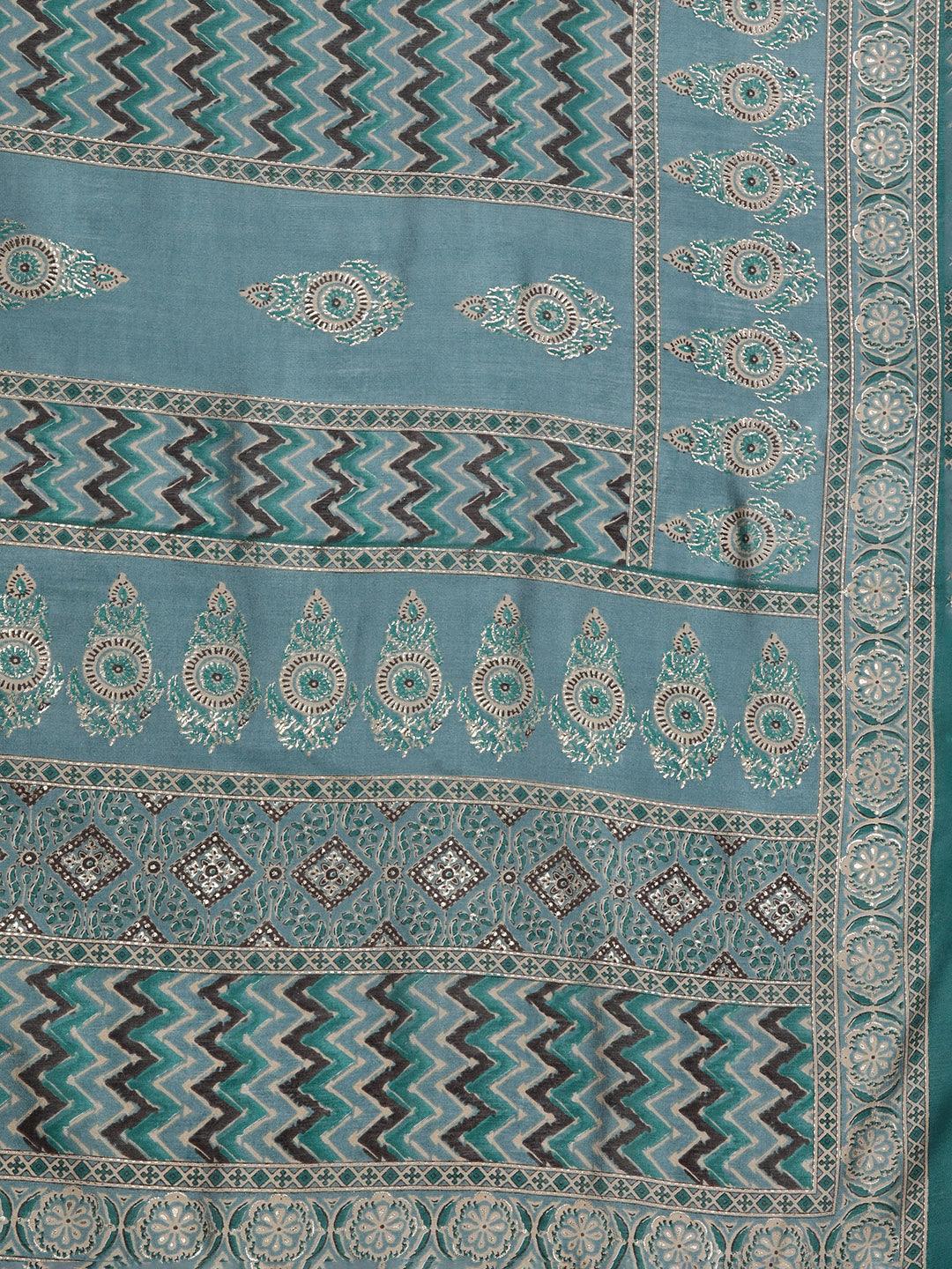 Plus Size Blue Printed Silk Blend Straight Kurta With Trousers & Dupatta - ShopLibas 
