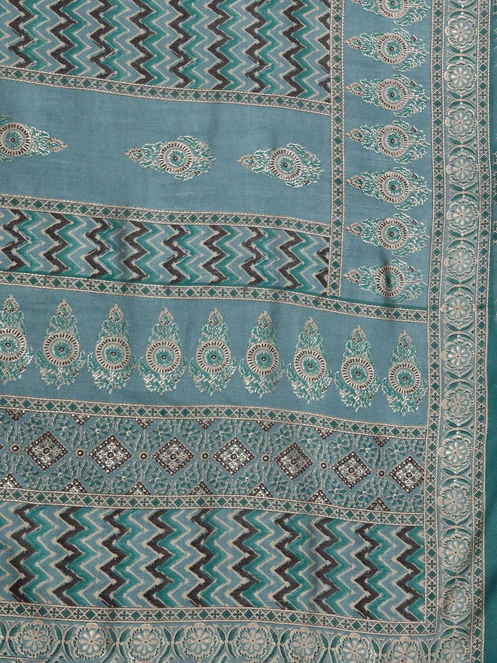 Plus Size Blue Printed Silk Blend Straight Suit With Dupatta
