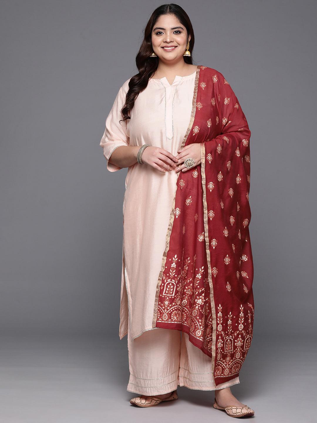 Plus Size Peach Solid Silk Blend Straight Kurta With Palazzos & Dupatta - ShopLibas