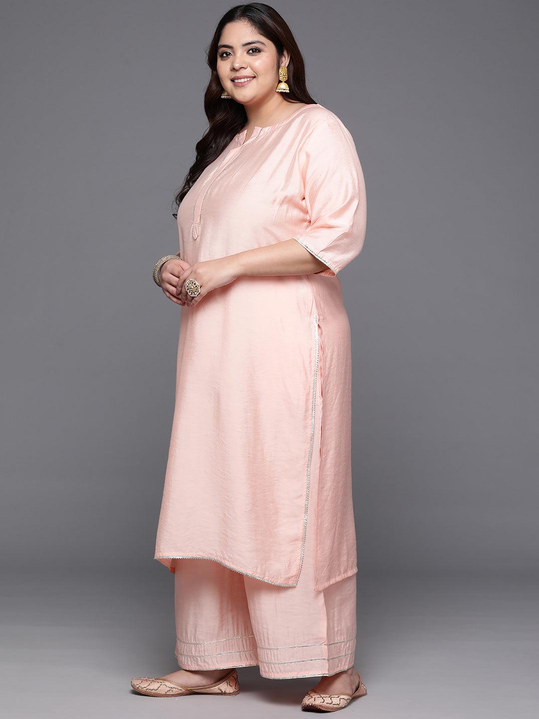 Plus Size Peach Solid Silk Blend Straight Kurta With Palazzos & Dupatta - ShopLibas 