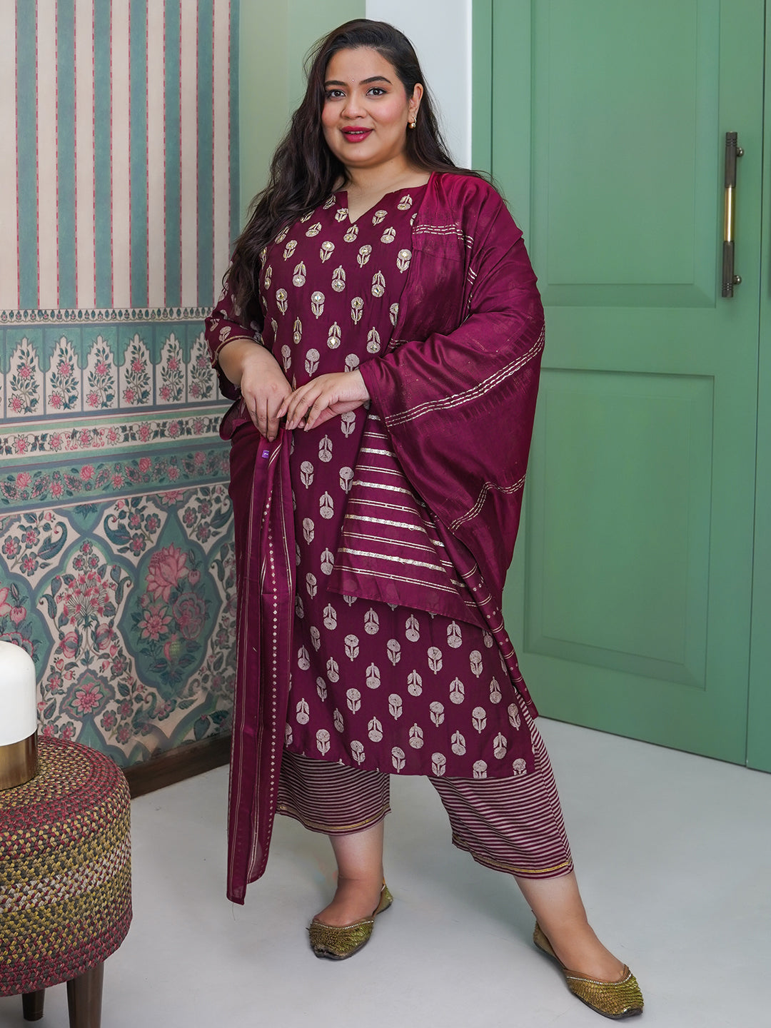 Plus Size Maroon Printed Silk Blend Straight Suit With Dupatta