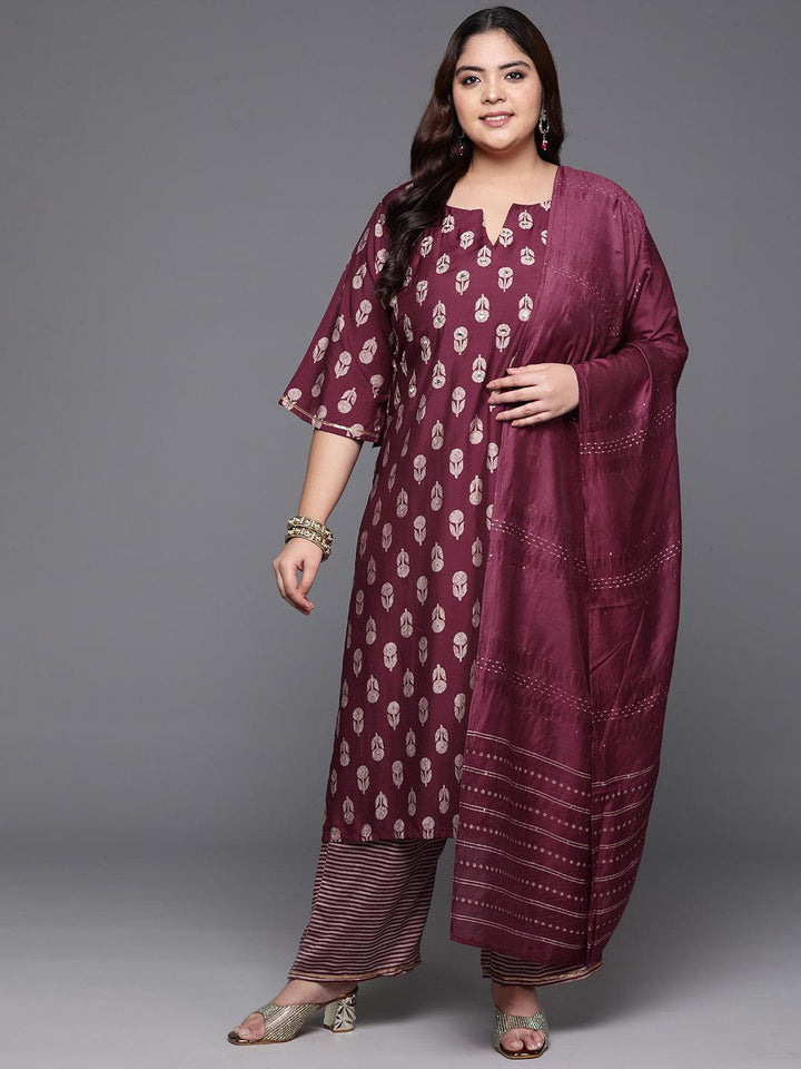 Plus Size Maroon Printed Silk Blend Straight Suit With Dupatta