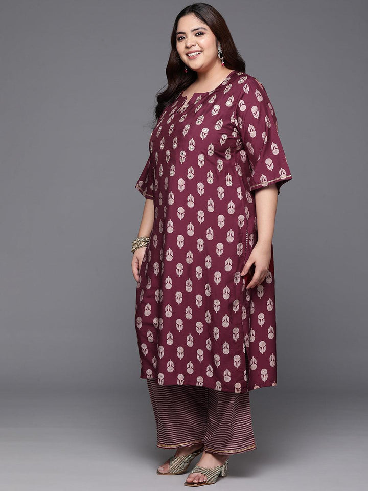 Plus Size Maroon Printed Silk Blend Straight Suit With Dupatta
