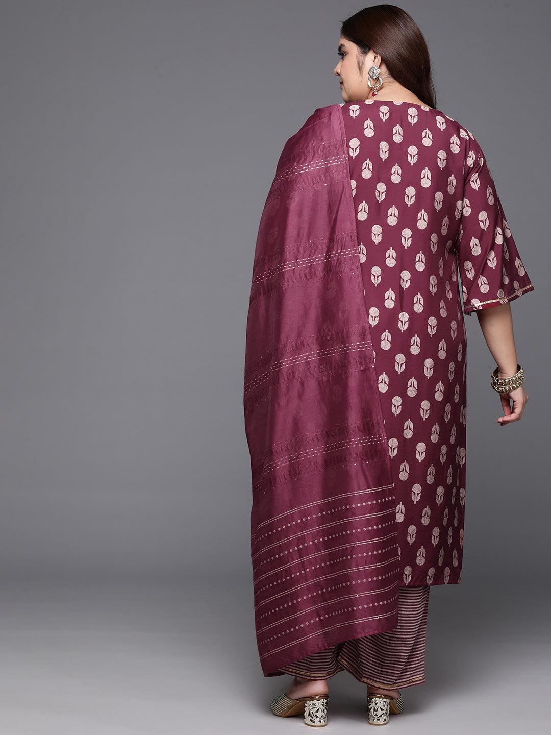 Plus Size Maroon Printed Silk Blend Straight Kurta With Trousers & Dupatta - ShopLibas 
