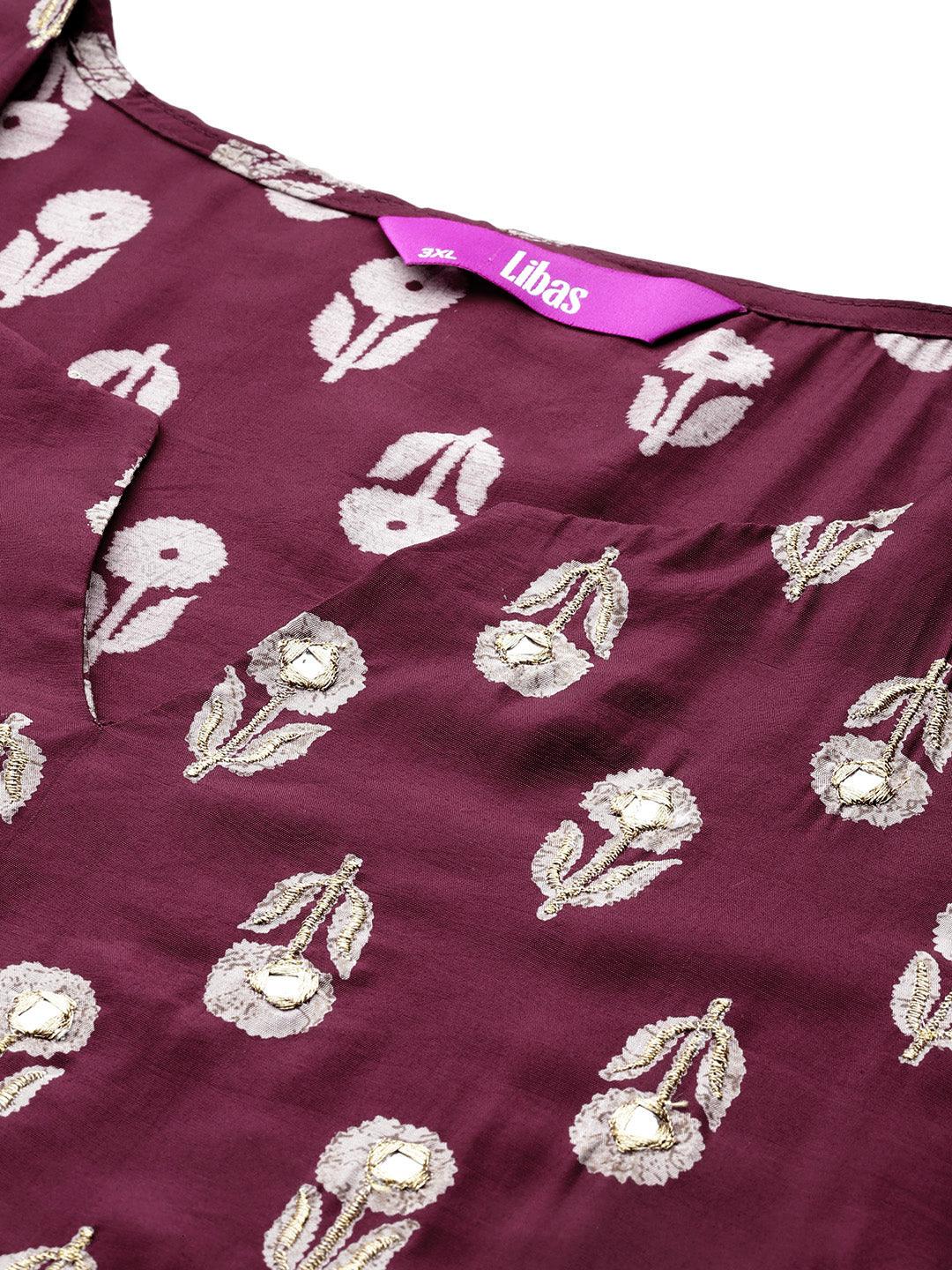 Plus Size Maroon Printed Silk Blend Straight Kurta With Trousers & Dupatta - ShopLibas 