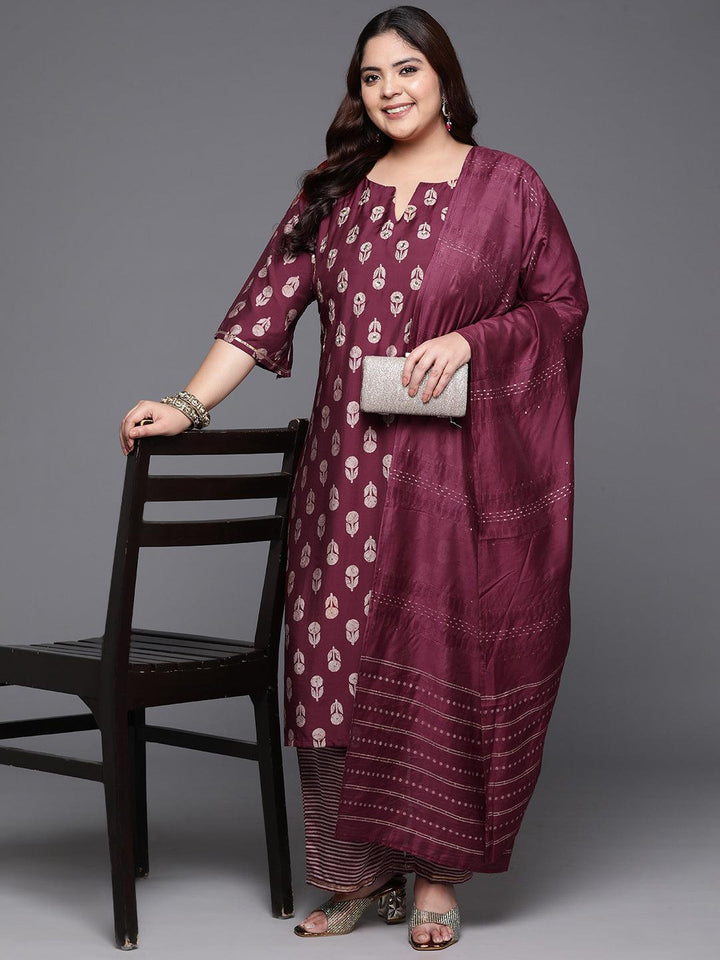 Plus Size Maroon Printed Silk Blend Straight Suit With Dupatta