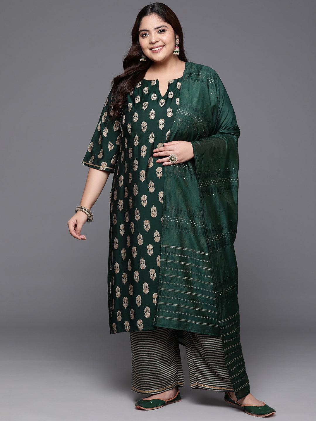Plus Size Green Printed Silk Blend Straight Kurta With Trousers & Dupatta - ShopLibas 