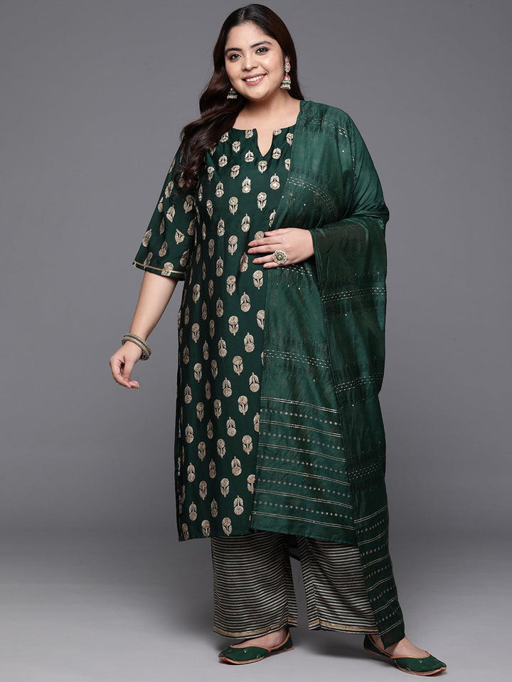 Plus Size Green Printed Silk Blend Straight Suit With Dupatta