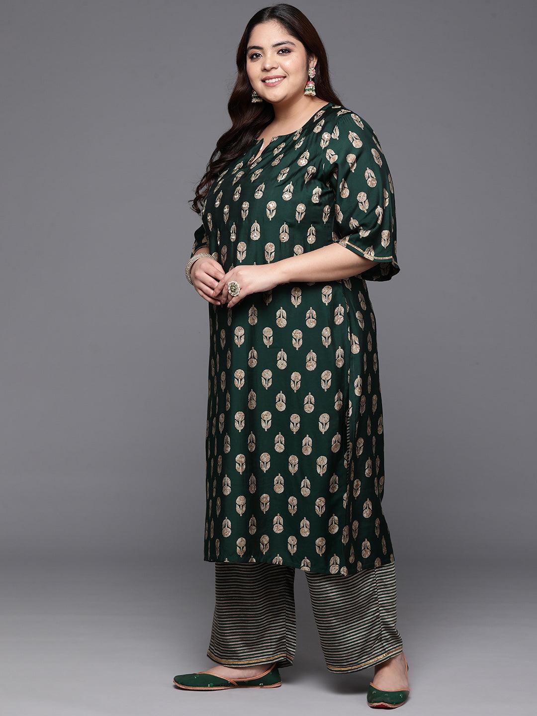 Plus Size Green Printed Silk Blend Straight Kurta With Trousers & Dupatta - ShopLibas 