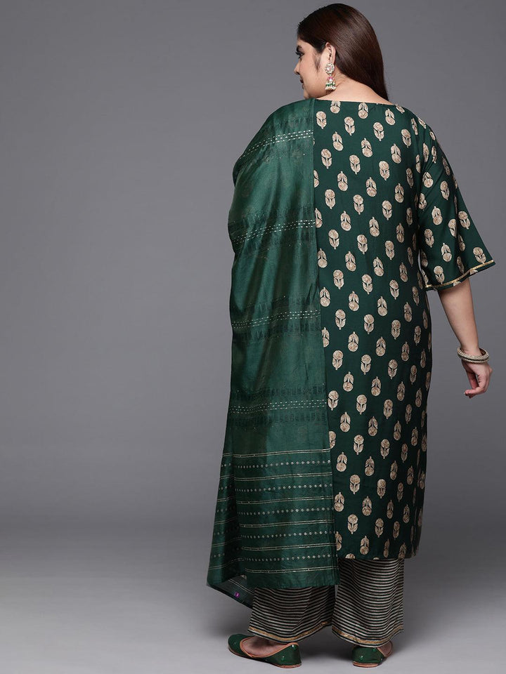 Plus Size Green Printed Silk Blend Straight Suit With Dupatta