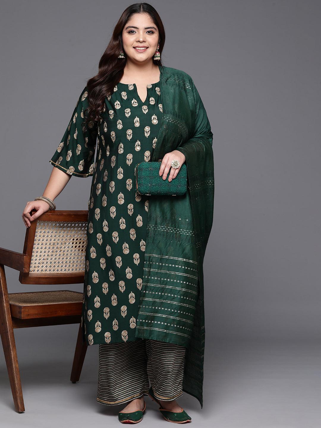 Plus Size Green Printed Silk Blend Straight Kurta With Trousers & Dupatta - ShopLibas 
