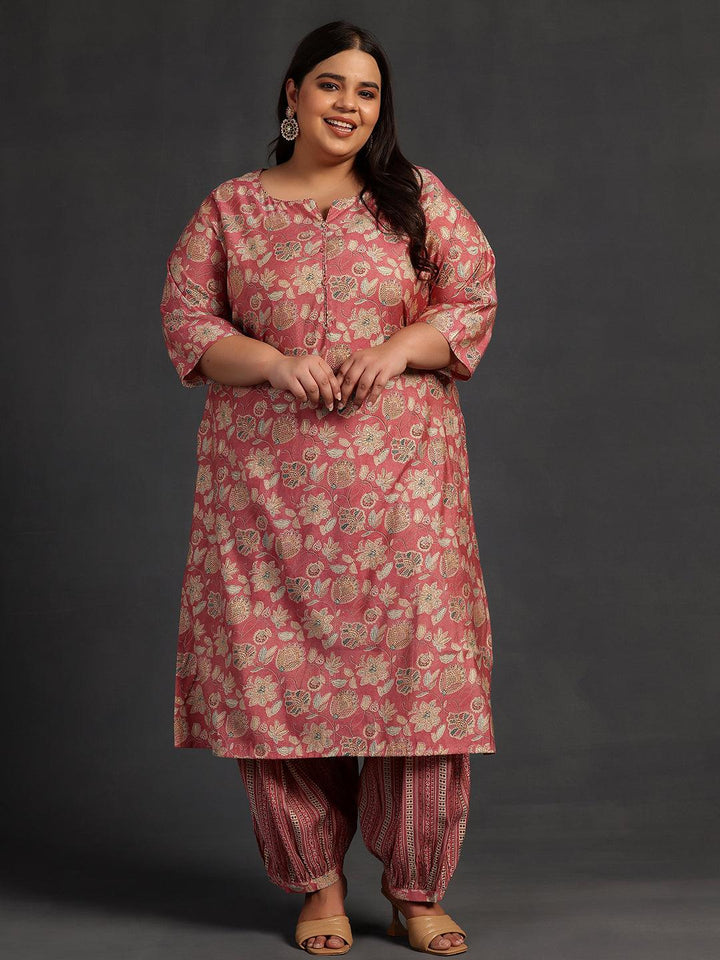 Plus Size Peach Printed Silk Blend Straight Kurta Set