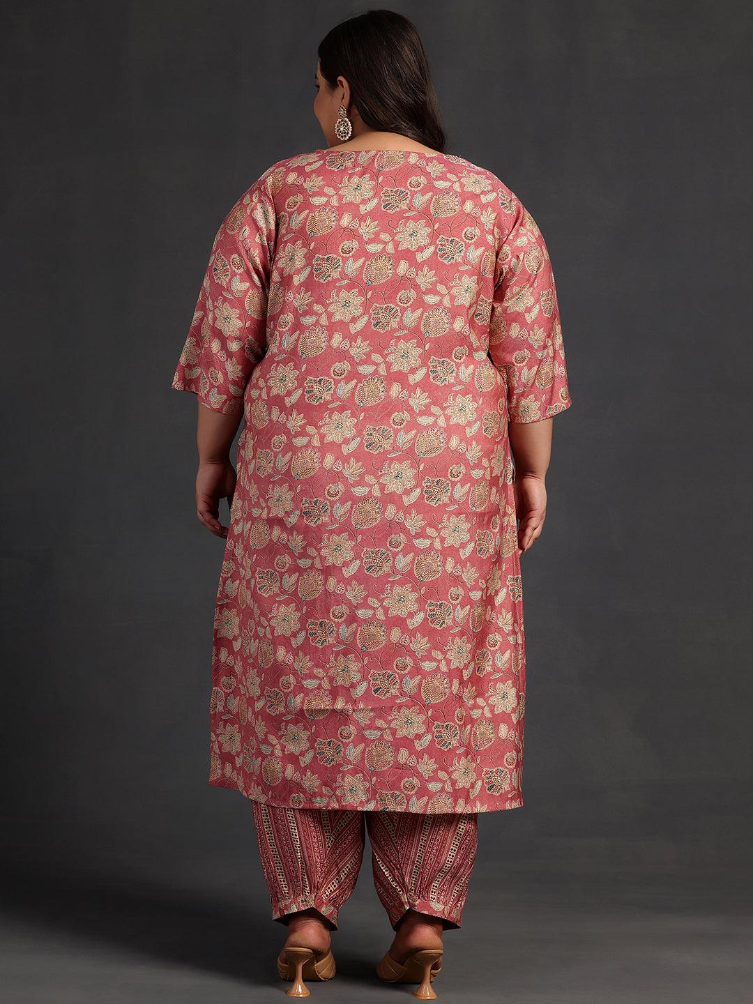 Plus Size Peach Printed Silk Blend Straight Kurta With Salwar - ShopLibas 
