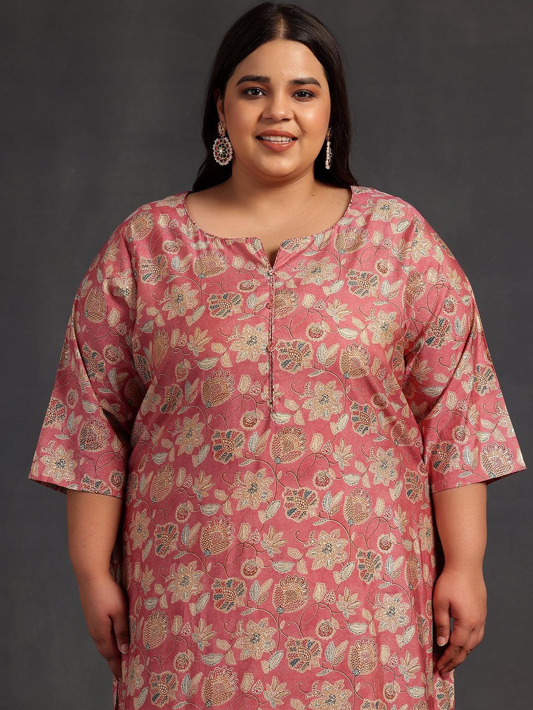 Plus Size Peach Printed Silk Blend Straight Kurta With Salwar - ShopLibas 