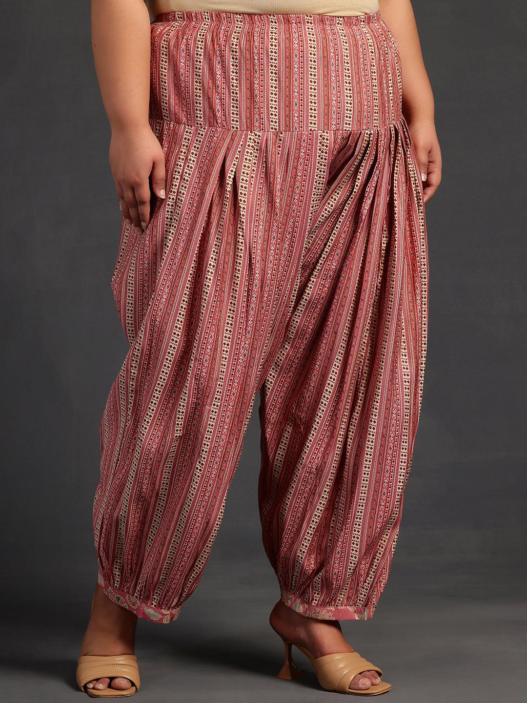 Plus Size Peach Printed Silk Blend Straight Kurta With Salwar - ShopLibas 