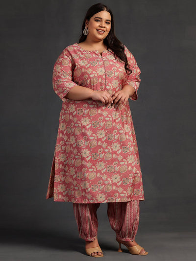 Plus Size Peach Printed Silk Blend Straight Kurta With Salwar - ShopLibas