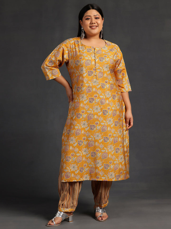 Plus Size Yellow Printed Silk Blend Straight Kurta Set