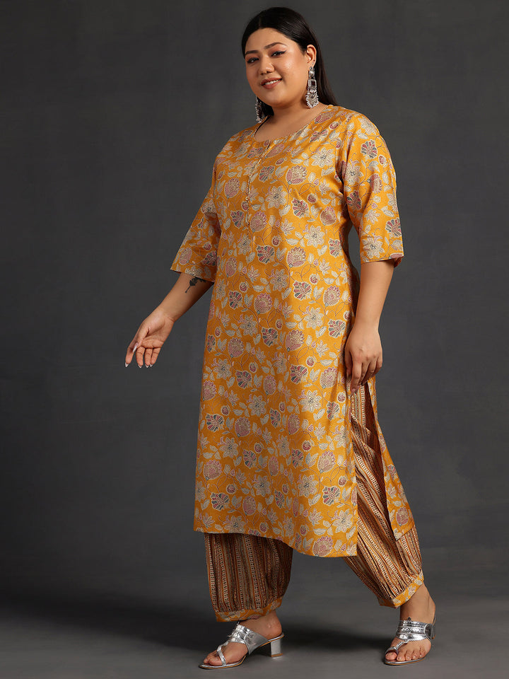 Plus Size Yellow Printed Silk Blend Straight Kurta Set