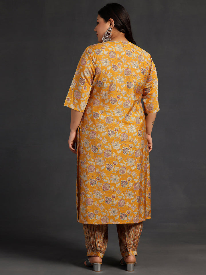 Plus Size Yellow Printed Silk Blend Straight Kurta Set