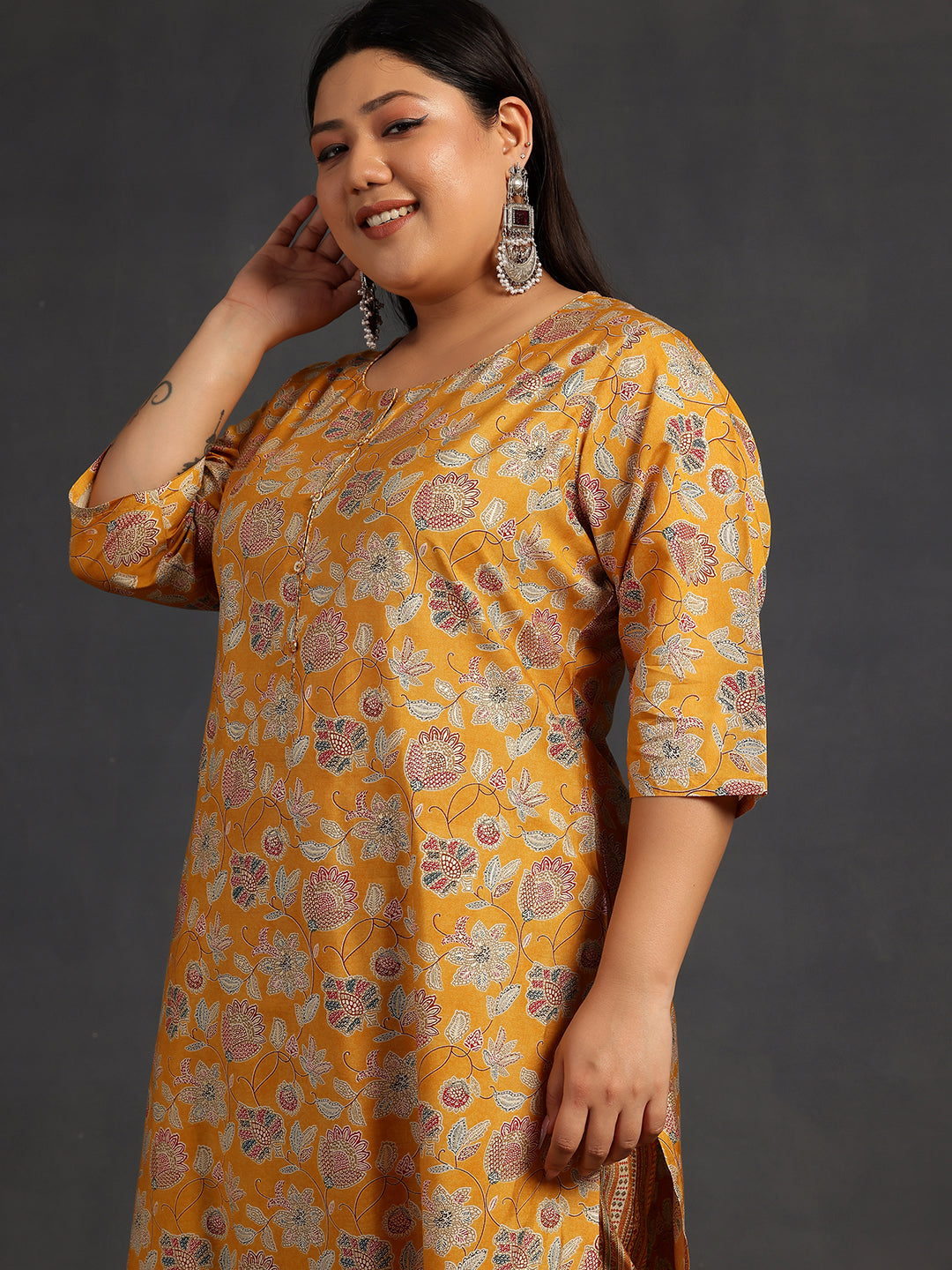 Plus Size Yellow Printed Silk Blend Straight Kurta Set