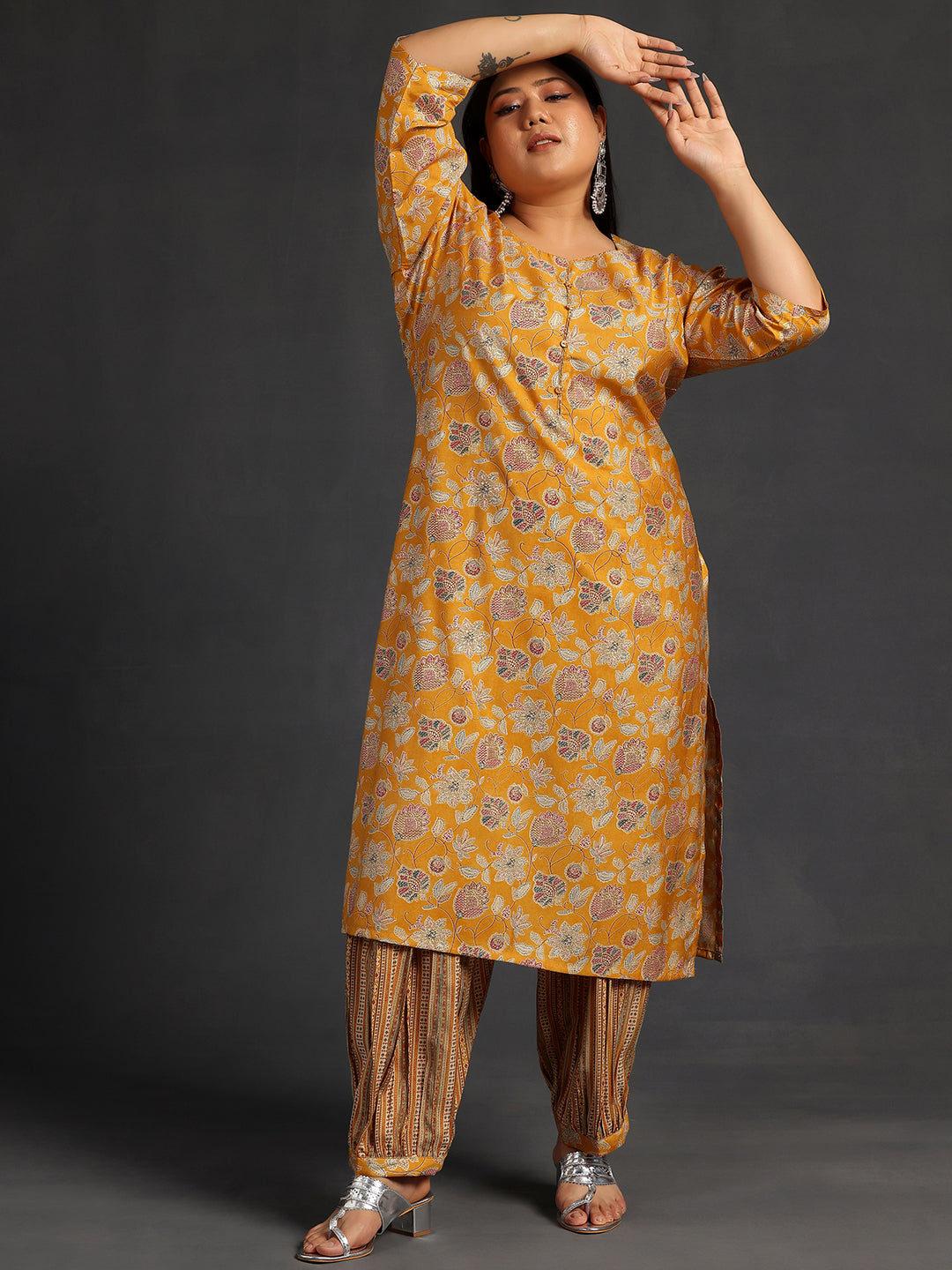 Plus Size Yellow Printed Silk Blend Straight Kurta Set