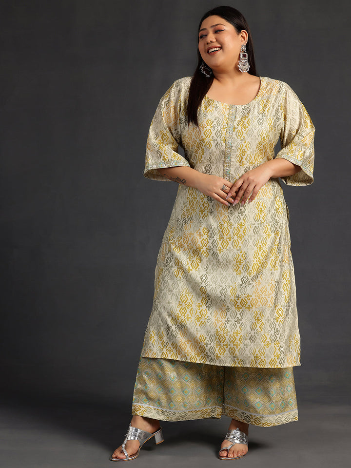Plus Size Green Printed Silk Blend Straight Kurta Set