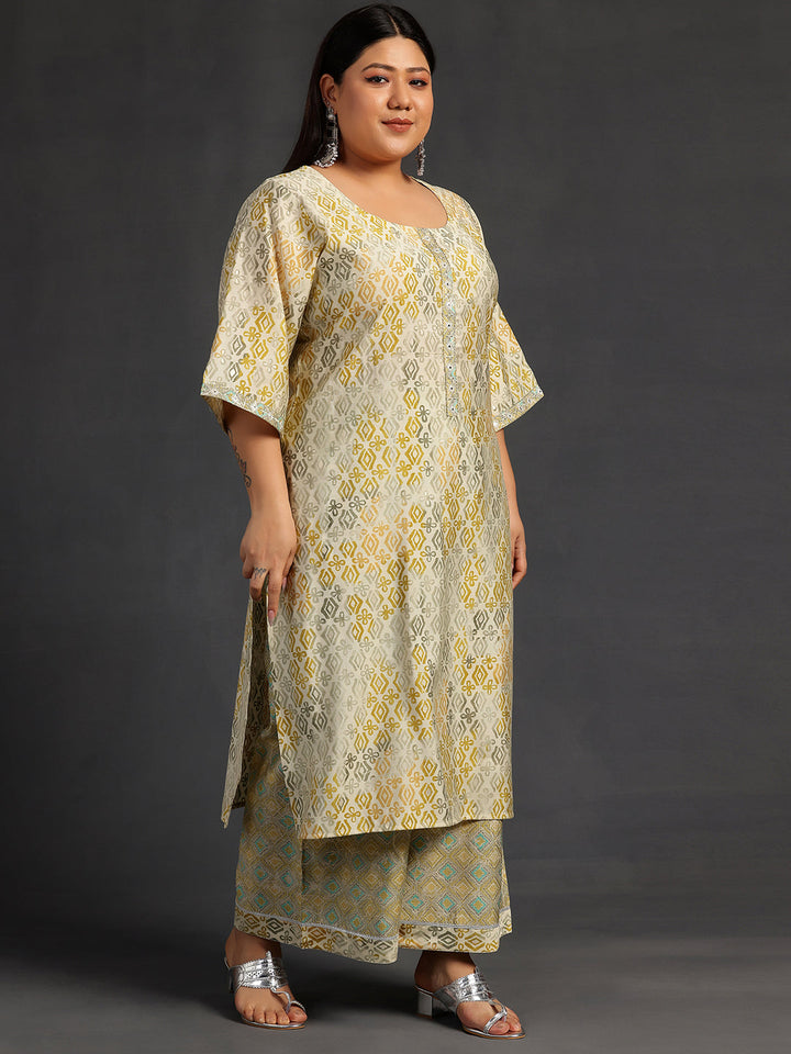 Plus Size Green Printed Silk Blend Straight Kurta Set