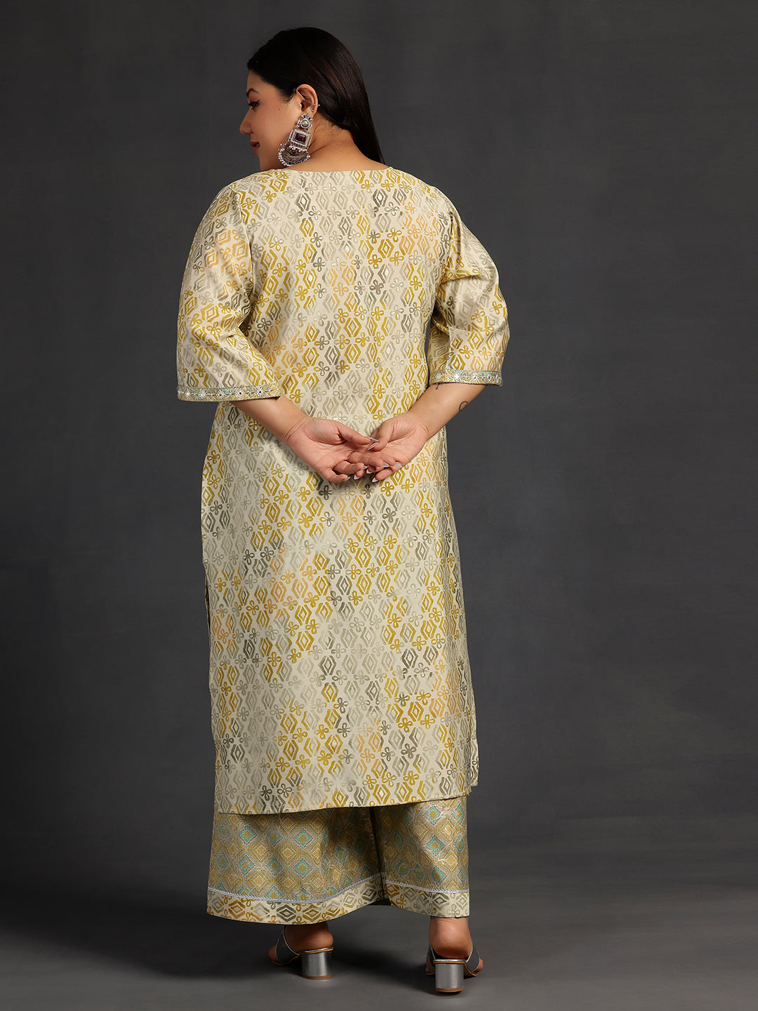 Plus Size Green Printed Silk Blend Straight Kurta Set