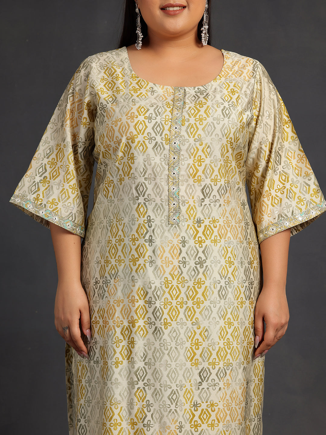 Plus Size Green Printed Silk Blend Straight Kurta Set