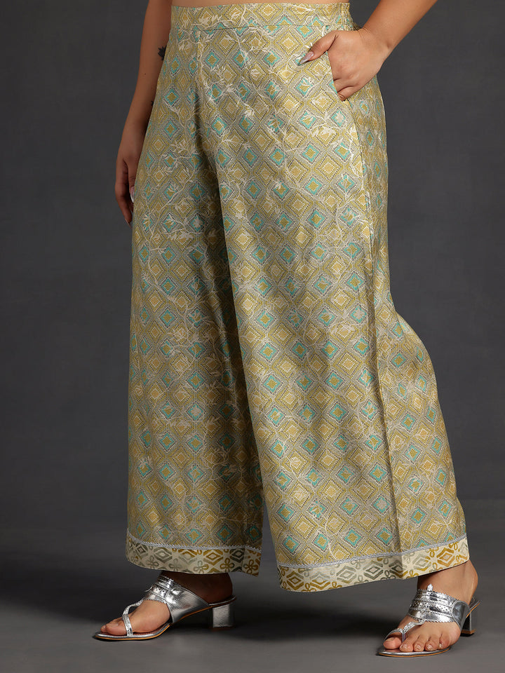 Plus Size Green Printed Silk Blend Straight Kurta Set