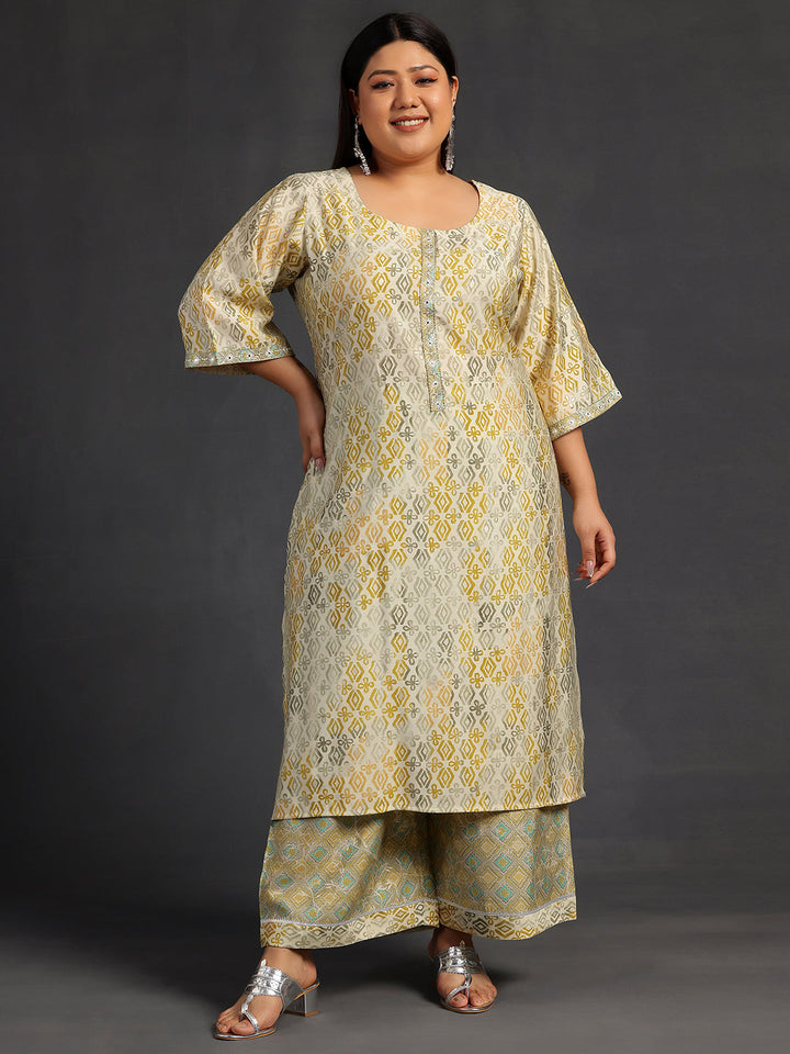 Plus Size Green Printed Silk Blend Straight Kurta Set