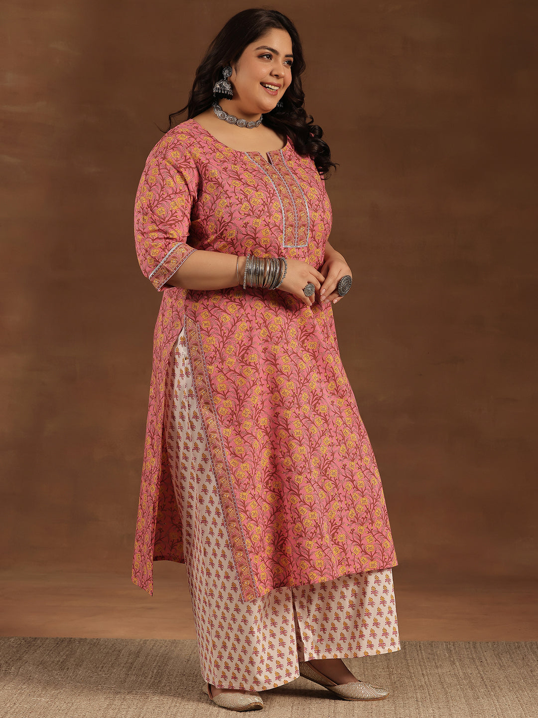 Plus Size Pink Printed Cotton Straight Suit With Dupatta