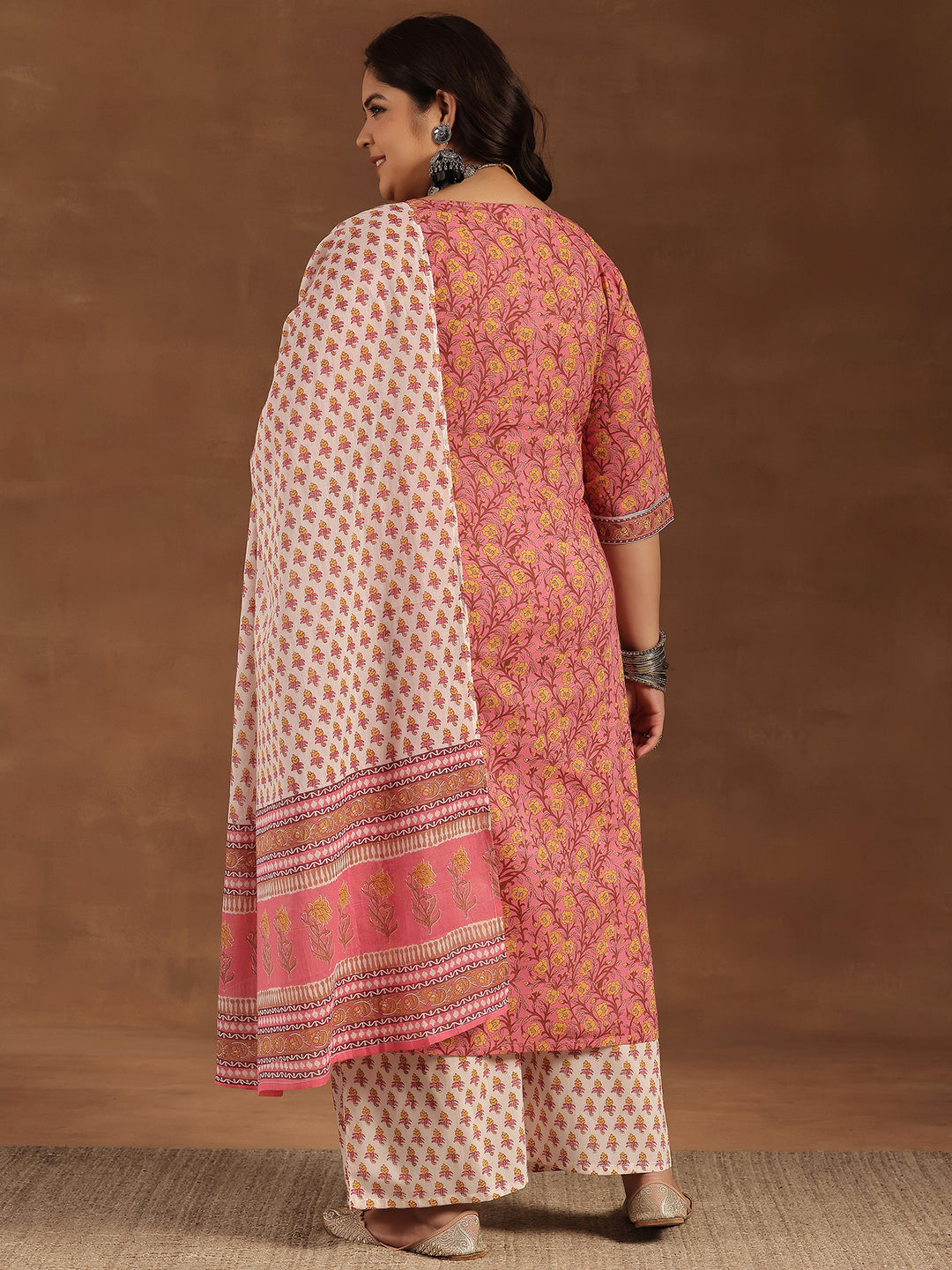 Plus Size Pink Printed Cotton Straight Suit With Dupatta