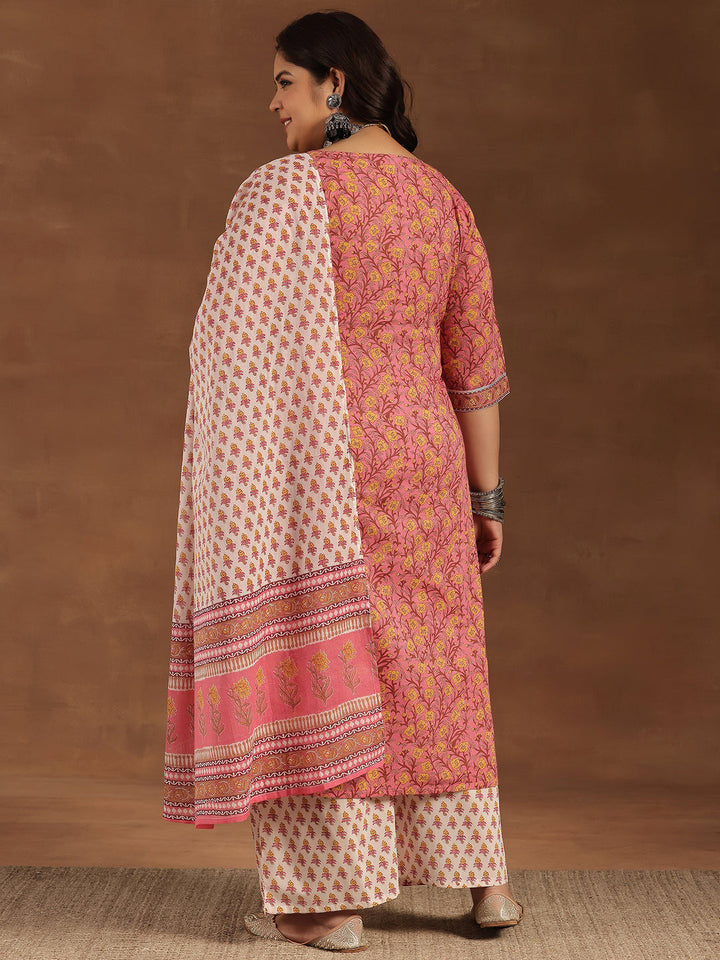 Plus Size Pink Printed Cotton Straight Suit With Dupatta