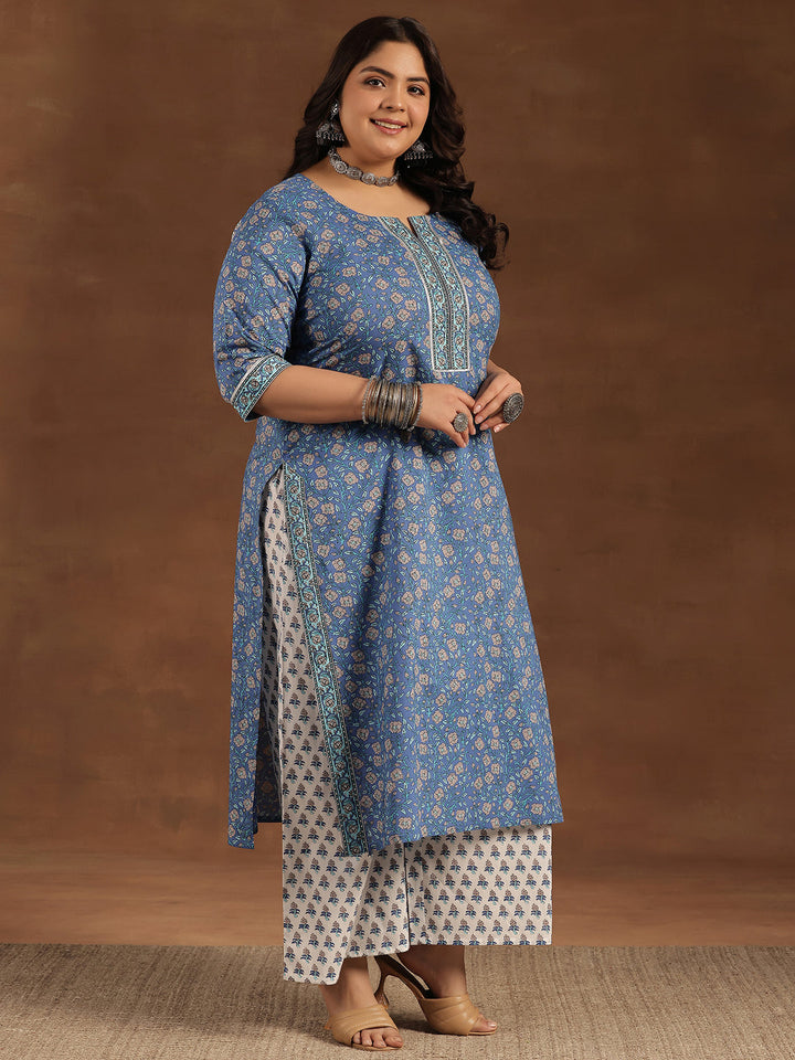 Plus Size Blue Printed Cotton Straight Suit With Dupatta