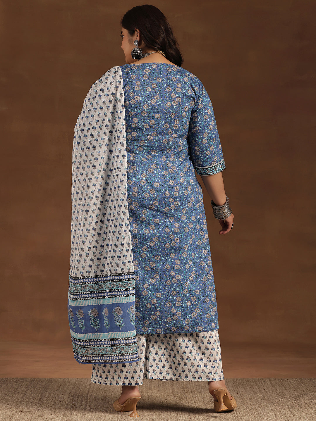 Plus Size Blue Printed Cotton Straight Suit With Dupatta