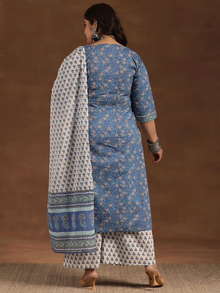 Plus Size Blue Printed Cotton Straight Suit With Dupatta