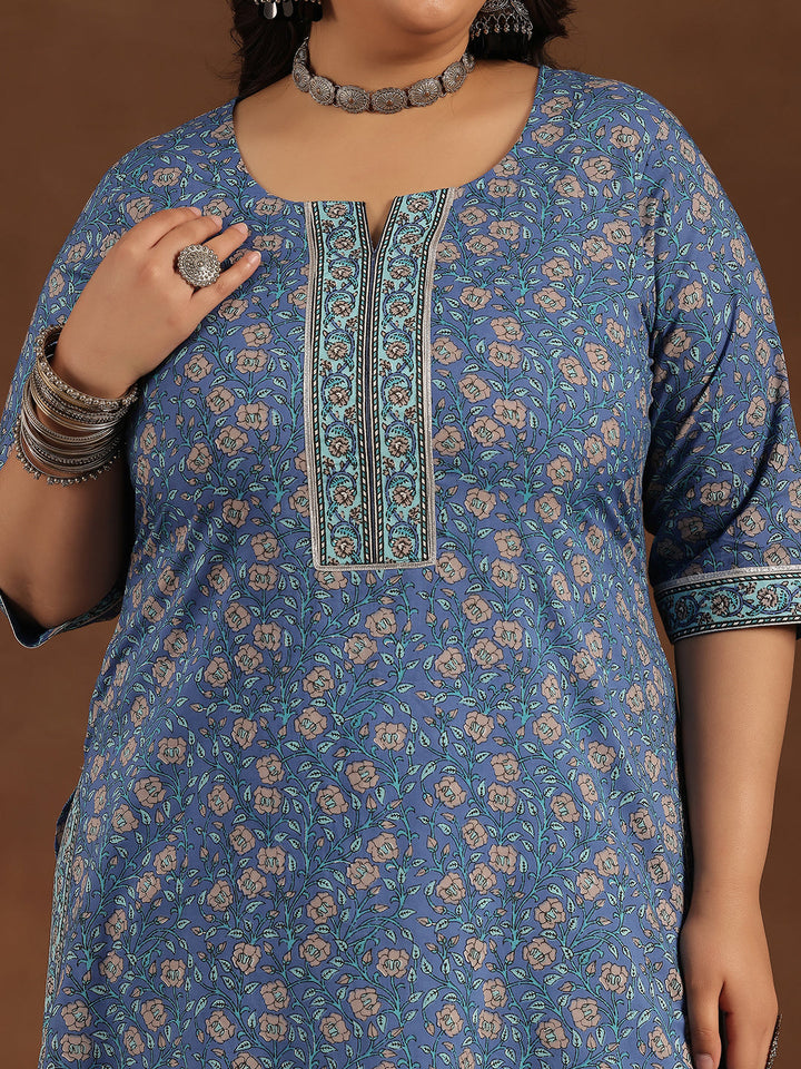 Plus Size Blue Printed Cotton Straight Suit With Dupatta